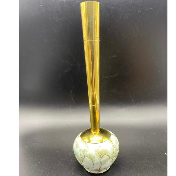 Vintage 1950's‎ Delft Holland Blue Hand Painted Brass & Ceramic Bud Vase 9" - Picture 1 of 10